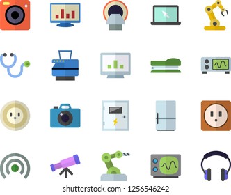 Color flat icon set sockets flat vector, switch box, fridge, socket, stethoscope, tomograph, computer chart, copy machine, laptop, stapler, oscilloscope, industrial robot, telescope, broadcast