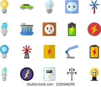 Color flat icon set sockets flat vector, energy saving lamp, switch box, windmill, battery, power line support, hydroelectric station, electric cars, reading, bulb, fector, lightning