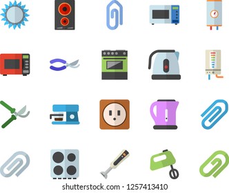 Color flat icon set sockets flat vector, boiler, electric kettle, stove, induction cooker, gas, microwave, mixer, blender, coffee machine, secateurs, clip