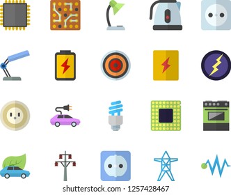Color flat icon set sockets flat vector, switch box, electric kettle, stove, induction cooker, battery, socket, power line support, eco cars, reading lamp, energy saving fector, cpu, lightning