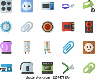 Color flat icon set sockets flat vector, boiler, electric kettle, stove, induction cooker, gas, microwave, mixer, coffee machine, secateurs, clip
