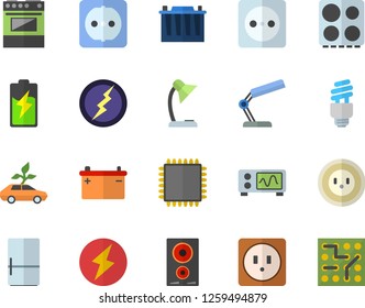 Color flat icon set sockets flat vector, electric stove, induction cooker, fridge, battery, accumulator, socket, eco cars, reading lamp, energy saving fector, cpu, oscilloscope, lightning
