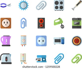Color flat icon set sockets flat vector, boiler, electric kettle, stove, induction cooker, gas, microwave, mixer, blender, coffee machine, secateurs, clip