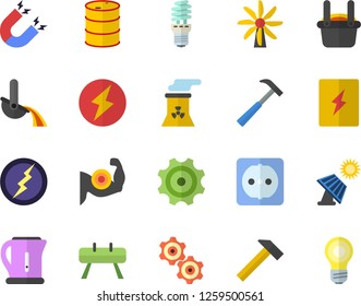 Color flat icon set sockets flat vector, switch box, hammer, electric kettle, solar battery, windmill, oil tanks, cogwheel, energy saving lamp, metallurgy, nuclear power plant, lightning, magnet