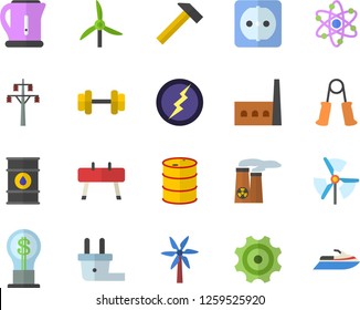 Color flat icon set sockets flat vector, hammer, electric kettle, windmill, oil tanks, plug socket, power line support, manufactory, cogwheel, idea, atom, nuclear plant, lightning, dumbbell