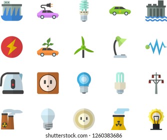 Color flat icon set sockets flat vector, energy saving lamp, electric kettle, windmill, socket, power line support, hydroelectric station, eco cars, reading, fector, nuclear plant, lightning