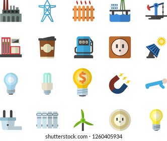 Color flat icon set sockets flat vector, heating batteries, coffe, oil production platform, solar battery, pumping, windmill, gas station, refueling, socket, plug, power line support, plant, magnet