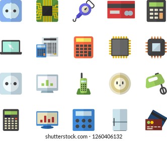 Color flat icon set sockets flat vector, calculator, spring balance, mixer, fridge, socket, motherboard, credit card, computer chart, telephone, laptop, cpu, fector