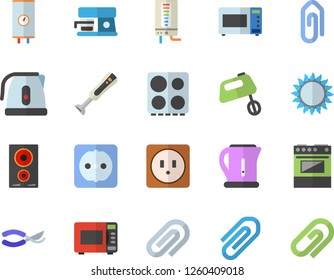 Color flat icon set sockets flat vector, boiler, electric kettle, stove, induction cooker, gas, microwave, mixer, blender, coffee machine, secateurs, clip