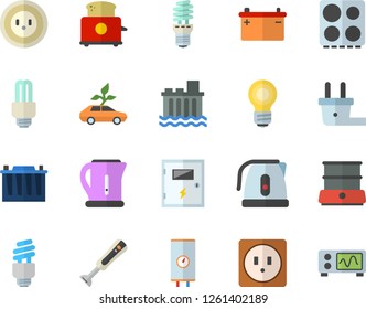 Color flat icon set sockets flat vector, switch box, boiler, electric kettle, stove, toaster, double, blender, accumulator, socket, plug, hydroelectric power station, energy saving lamp, eco cars