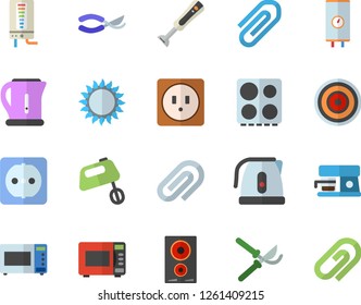 Color flat icon set sockets flat vector, boiler, electric kettle, stove, induction cooker, gas, microwave, mixer, blender, coffee machine, secateurs, clip