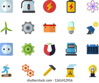 Color flat icon set sockets flat vector, energy saving lamp, hammer, electric kettle, battery, solar, windmill, refueling, accumulator, socket, cogwheel, atom, nuclear power plant, lightning, magnet