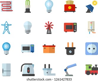 Color flat icon set sockets flat vector, energy saving lamp, warm floor, boiler, electric kettle, microwave, toaster, fridge, windmill, solar battery, accumulator, plug socket, power line support