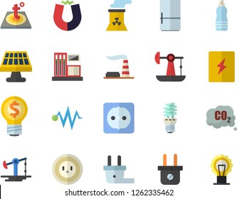 Color flat icon set sockets flat vector, switch box, warm floor, fridge, solar battery, oil pumping, gas station, factory, socket, plug, energy saving lamp, carbon dioxide, idea, nuclear power plant