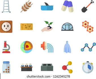 Color flat icon set sockets flat vector, brick, towel, ear, cheese, shovel, seedlings, hose irrigation, ladder, greenhouse, scatter chart, pills, meeting, microscope, cogwheel, vitamins, shark