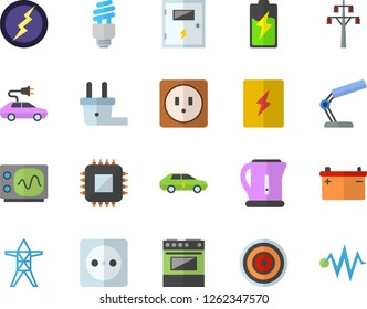 Color flat icon set sockets flat vector, switch box, electric kettle, stove, induction cooker, battery, accumulator, socket, plug, power line support, cars, motherboard, reading lamp, oscilloscope