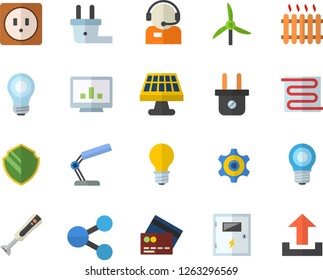 Color flat icon set sockets flat vector, switch box, warm floor, blender, solar battery, windmill, lamp, plug socket, radiator, cogwheel, molecules, telephone operator, computer chart, reading, bulb