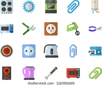 Color flat icon set sockets flat vector, boiler, electric kettle, stove, induction cooker, gas, microwave, mixer, blender, coffee machine, secateurs, clip