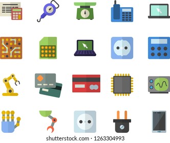 Color flat icon set sockets flat vector, calculator, weighing machine, spring balance, socket, plug, SIM card, credit, telephone, laptop, robot hand, cpu, oscilloscope, industrial, mobile