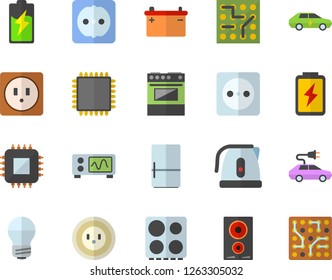 Color flat icon set sockets flat vector, energy saving lamp, electric kettle, stove, induction cooker, fridge, battery, accumulator, socket, cars, motherboard, cpu, oscilloscope, electronic circuit