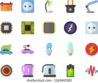 Color flat icon set sockets flat vector, electric kettle, induction cooker, battery, accumulator, socket, plug, eco cars, motherboard, reading lamp, energy saving fector, cpu, lightning, discharge