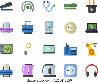 Color flat icon set sockets flat vector, construction plummet, electric kettle, socket, plug, robotics, stethoscope, telephone, printer, copy machine, laptop, stapler, computer, oscilloscope