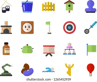 Color flat icon set sockets flat vector, saucepan, kitchen spoon, legumes, fish rolls, nesting box, fence, bucketful, fireplace, robotics, flipchart, flag, vial, hierarchy, stamp, sports, target
