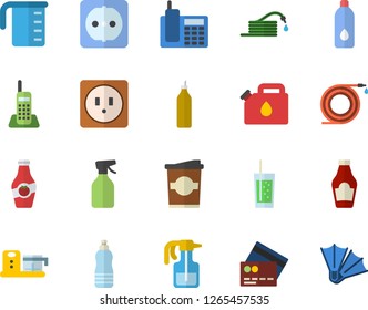 Color flat icon set sockets flat vector, meashuring cup, food processor, ketchup, soda, coffe, mustard, pulverizer, hose, canister, telephone, water, credit card fector, flippers