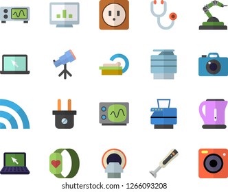 Color flat icon set sockets flat vector, electric kettle, blender, plug socket, robotics, stethoscope, tomograph, computer chart, copy machine, laptop, oscilloscope, telescope, fitness bracelet