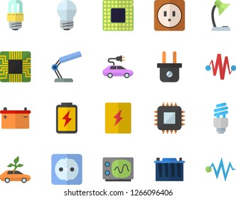 Color flat icon set sockets flat vector, energy saving lamp, switch box, battery, accumulator, plug socket, eco cars, electric, motherboard, reading, fector, cpu, oscilloscope, discharge