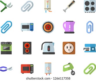 Color flat icon set sockets flat vector, boiler, electric kettle, stove, induction cooker, microwave, mixer, blender, coffee machine, secateurs, clip
