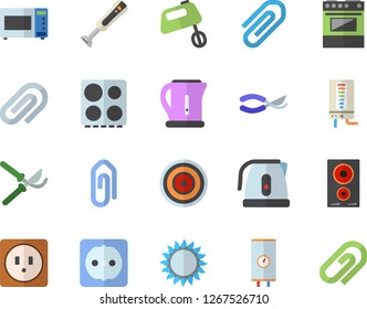 Color flat icon set sockets flat vector, boiler, electric kettle, stove, induction cooker, gas, microwave, mixer, blender, secateurs, clip