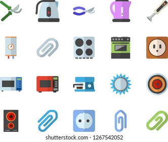 Color flat icon set sockets flat vector, boiler, electric kettle, stove, induction cooker, gas, microwave, blender, coffee machine, secateurs, clip