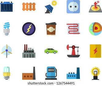 Color flat icon set sockets flat vector, energy saving lamp, switch box, warm floor, heating batteries, coffe, solar battery, oil pumping, refueling, accumulator, manufactory, plant, electric cars
