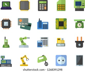 Color flat icon set sockets flat vector, calculator, weighing machine, mixer, plug socket, motherboard, SIM card, credit, cash, telephone, laptop, cpu, industrial robot, dispenser fector, mobile