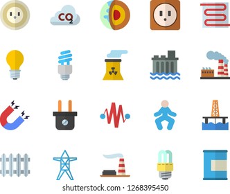 Color flat icon set sockets flat vector, energy saving lamp, warm floor, oil production platform, factory, socket, plug, power line support, hydroelectric station, carbon dioxide, radiator, fector
