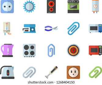Color flat icon set sockets flat vector, boiler, electric kettle, stove, induction cooker, gas, microwave, blender, coffee machine, secateurs, clip