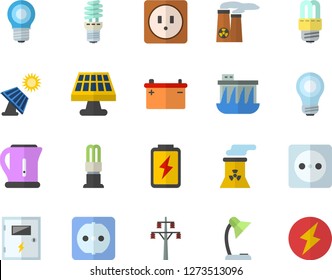 Color flat icon set sockets flat vector, energy saving lamp, switch box, electric kettle, battery, solar, accumulator, socket, power line support, hydroelectric station, reading, bulb, nuclear plant