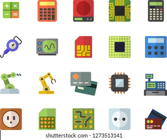 Color flat icon set sockets flat vector, weighing machine, spring balance, socket, motherboard, SIM card, credit, calculator, cash, cpu, oscilloscope, industrial robot, electronic circuit, fector