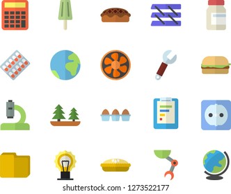 Color flat icon set sockets flat vector, egg, hamburger, pie, ice cream, ventilation, forest, wrench, graphic report, pill packaging, microscope, computer file, paper tray, robot hand, calculator