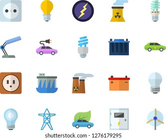 Color flat icon set sockets flat vector, energy saving lamp, switch box, accumulator, socket, power line support, hydroelectric station, eco cars, electric, reading, bulb, fector, nuclear plant