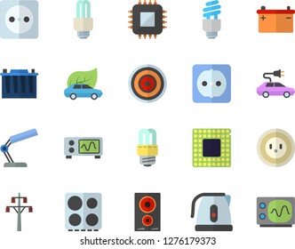 Color flat icon set sockets flat vector, energy saving lamp, electric kettle, stove, induction cooker, accumulator, socket, power line support, eco cars, motherboard, reading, fector, cpu