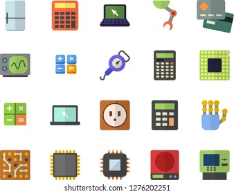 Color flat icon set sockets flat vector, weighing machine, spring balance, fridge, motherboard, credit card, calculator, laptop, robot hand, cpu, oscilloscope, electronic circuit