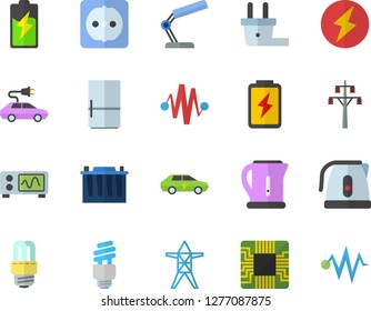 Color flat icon set sockets flat vector, energy saving lamp, electric kettle, fridge, battery, accumulator, plug socket, power line support, cars, motherboard, reading, fector, oscilloscope