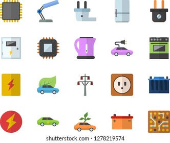 Color flat icon set sockets flat vector, switch box, electric kettle, stove, fridge, accumulator, plug socket, power line support, eco cars, motherboard, reading lamp, cpu, lightning