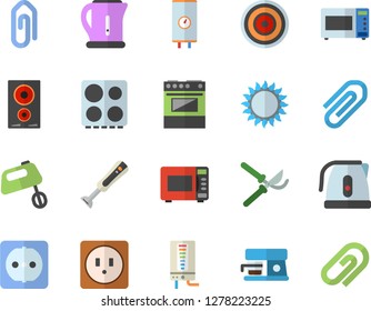 Color flat icon set sockets flat vector, boiler, electric kettle, stove, induction cooker, gas, microwave, mixer, blender, coffee machine, secateurs, clip