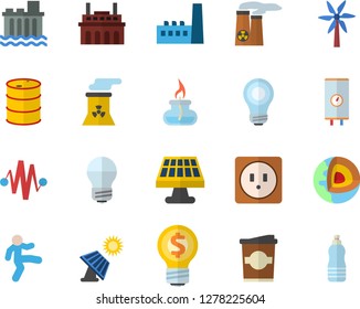 Color flat icon set sockets flat vector, energy saving lamp, boiler, coffe, windmill, solar battery, oil tanks, hydroelectric power station, manufactory, plant, idea, bulb, gas burner, nuclear
