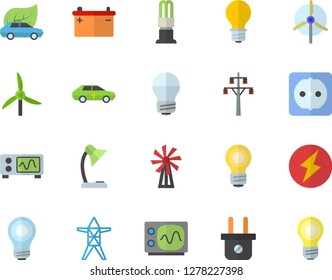 Color flat icon set sockets flat vector, energy saving lamp, windmill, accumulator, plug socket, power line support, eco cars, electric, reading, bulb, oscilloscope, lightning