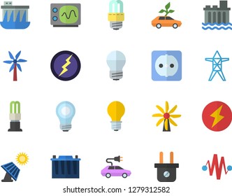 Color flat icon set sockets flat vector, energy saving lamp, windmill, solar battery, accumulator, plug socket, power line support, hydroelectric station, eco cars, electric, bulb, oscilloscope