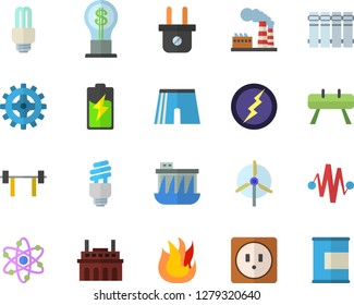 Color flat icon set sockets flat vector, heating batteries, fire, battery, factory, plug socket, hydroelectric power station, plant, cogwheel, idea, atom, energy saving lamp fector, lightning